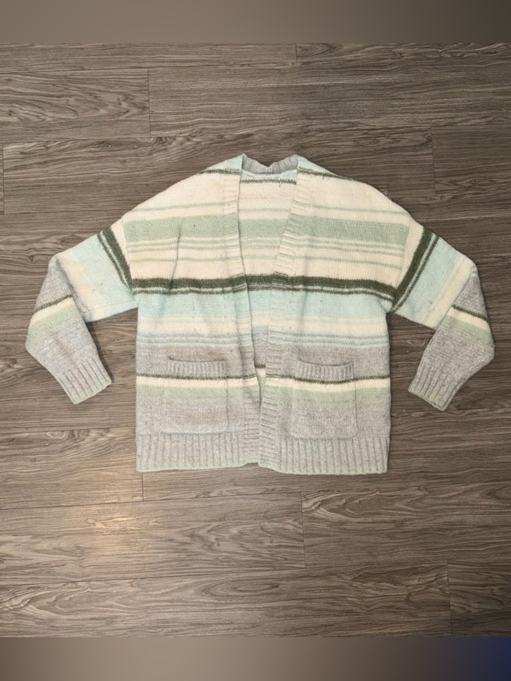 American Eagle Knit Cardigan Sweater Womens Sz XS Gray/Blue/Green Stripes